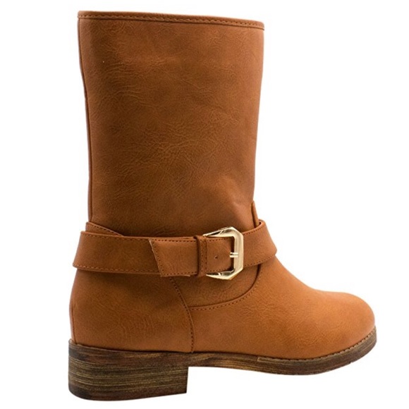 Cognac Distressed Lug Sole Mid Shaft Buckle Boots - Picture 5 of 8